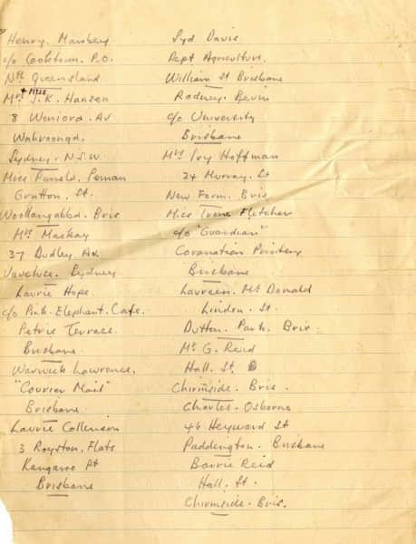 In Sidney Nolan's handwriting: second page of invitees to 1948 exhibition of Fraser Island paintings at The Moreton Galleries, Brisbane